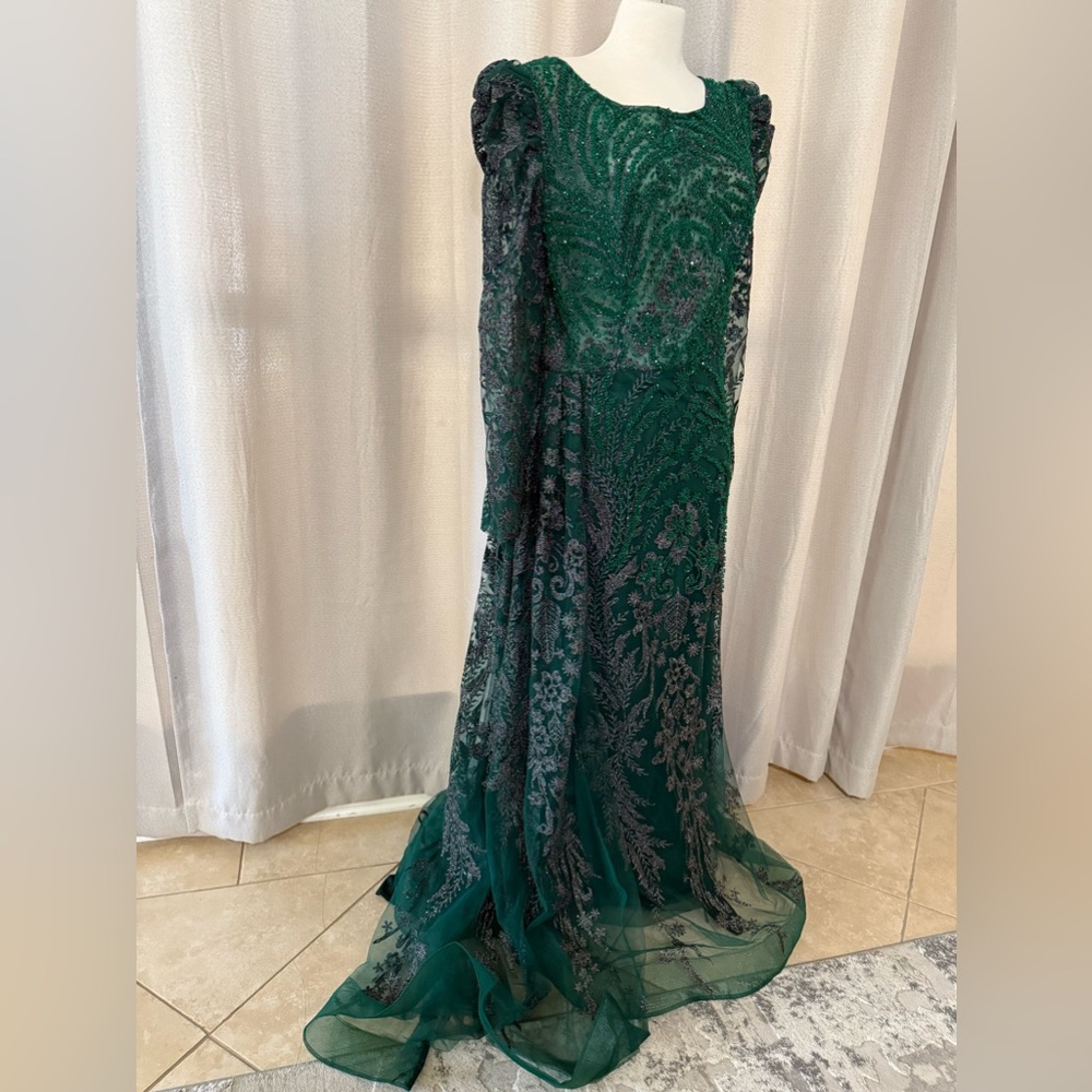 Emerald Green Beaded Evening Gown Size 12
